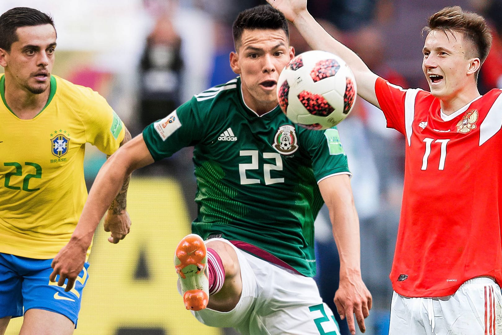 Sie konnten sich bei der WM empfehlen: Fagner (r.), Hirving Lozano (m.) und Aleksandr Golovin.