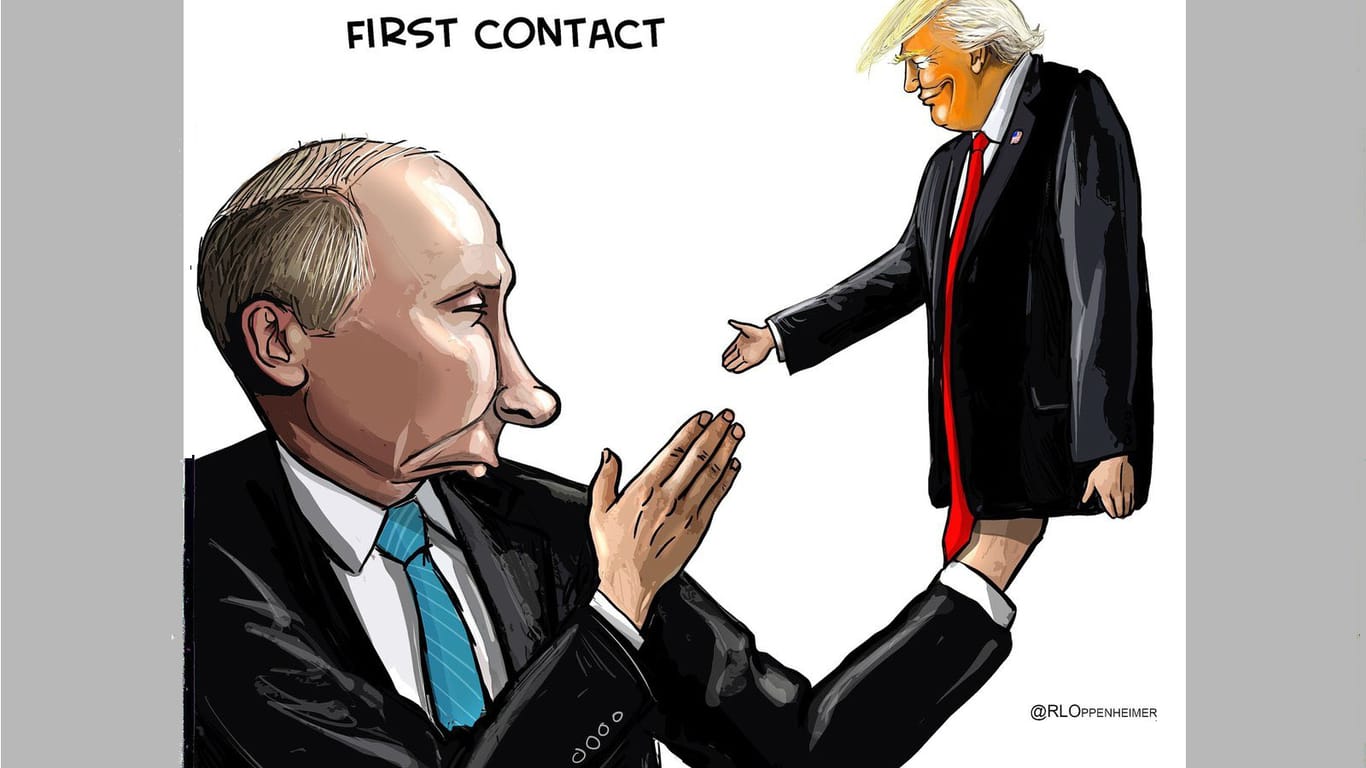 Handreichung: Putin gibt einem von ihm gesteuerten Trump die Hand – in der Karikatur des Niederländers Ruben L Oppenheimer zum Treffen der beiden Präsidenten in Helsinki.
