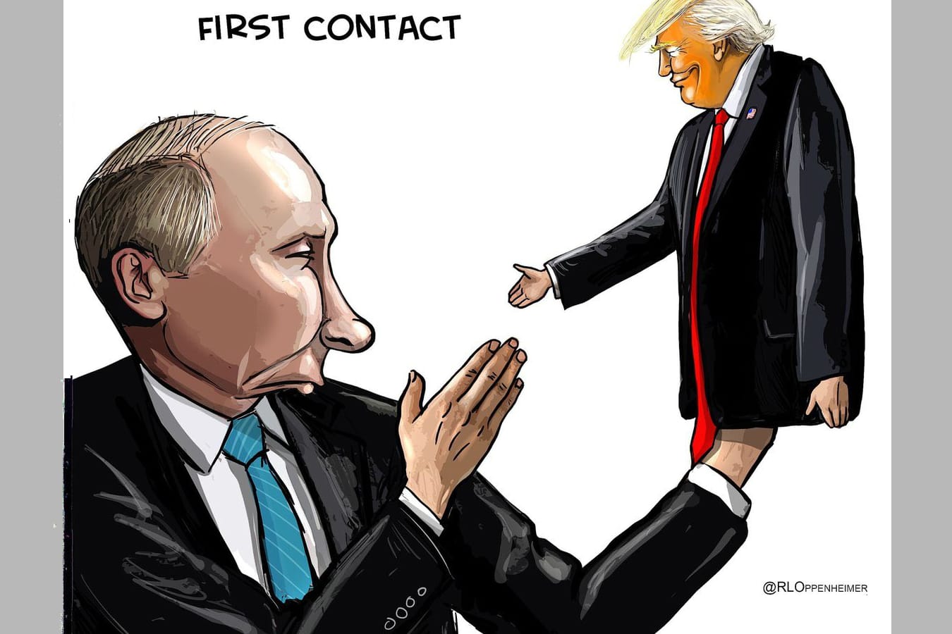 Handreichung: Putin gibt einem von ihm gesteuerten Trump die Hand – in der Karikatur des Niederländers Ruben L Oppenheimer zum Treffen der beiden Präsidenten in Helsinki.