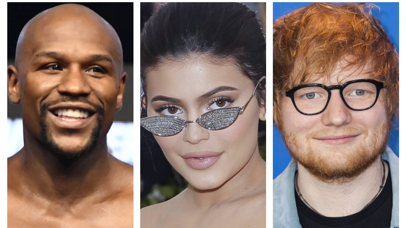 Ed Sheeran (von links), Kylie Jenner und Floyd Mayweather: Die Stars aus den Bereichen Musik, Reality und Sport sind alle in den Top 100 der "Forbes"-Liste vertreten.