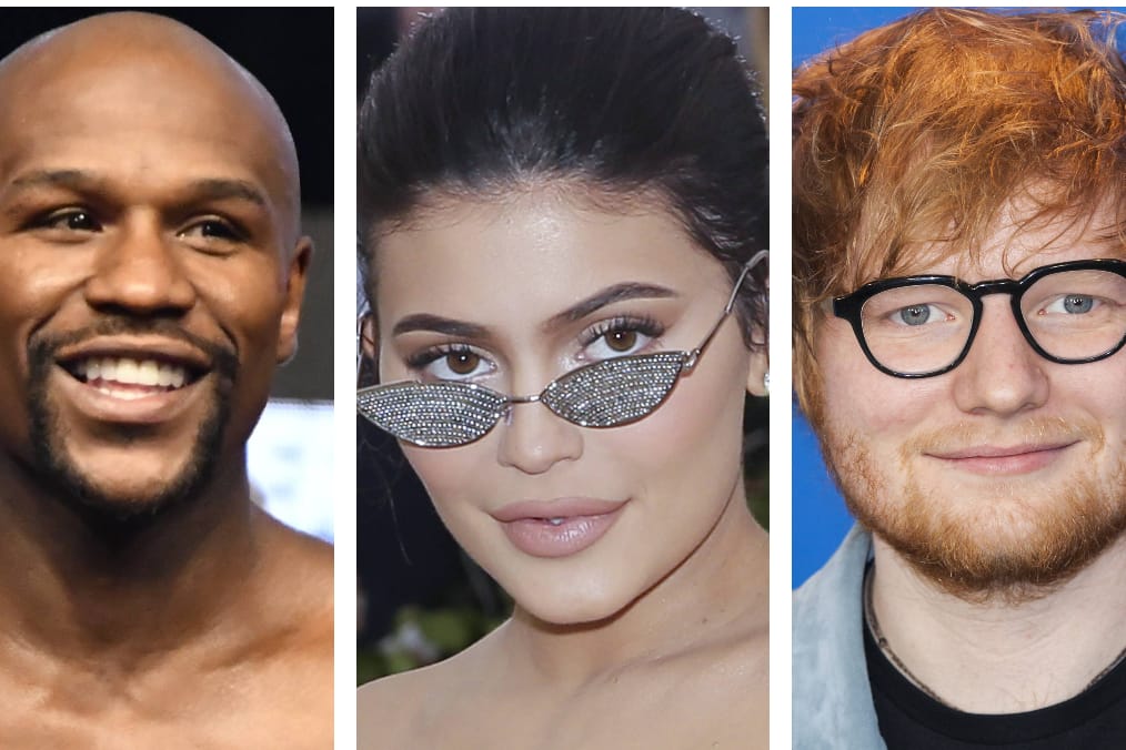 Ed Sheeran (von links), Kylie Jenner und Floyd Mayweather: Die Stars aus den Bereichen Musik, Reality und Sport sind alle in den Top 100 der "Forbes"-Liste vertreten.
