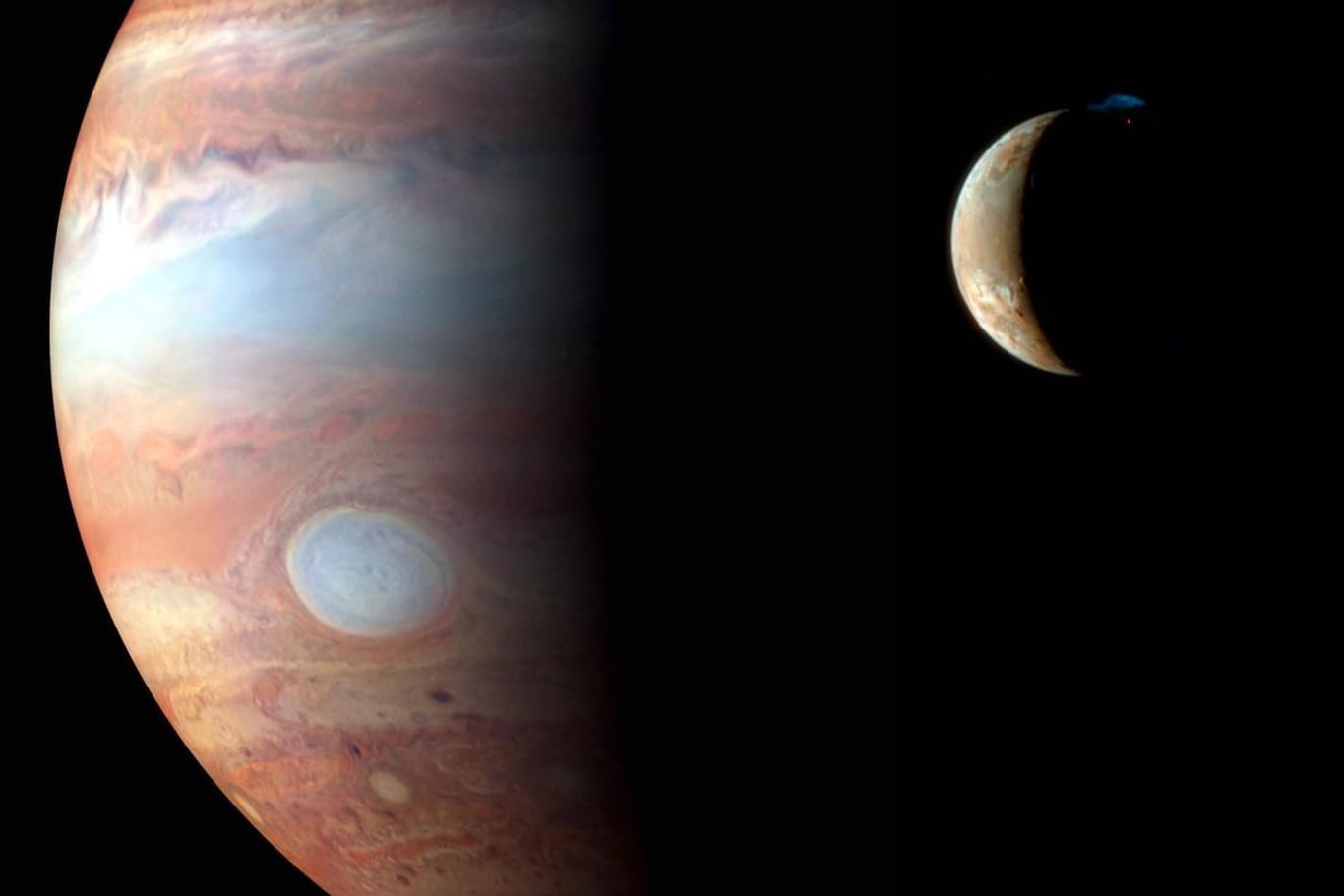 Der Jupiter mit dem vulkanischen Mond Io (Archivbild): US-Forscher haben rausgefunden, dass um den Jupiter zwölf bislang noch unbekannte Monde kreisen.