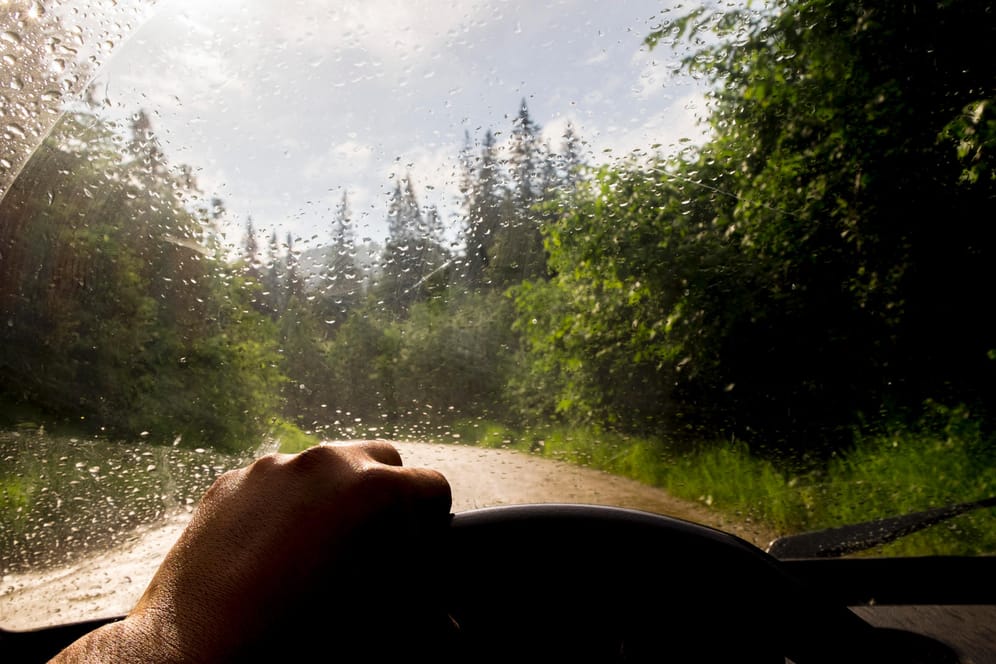 Autofahrt im Sommerregen: Die Erfrischung birgt Risiken im Straßenverkehr.