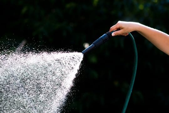 Frau hält Gartenschlauch