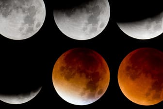 Mondfinsternis: Das Bild zeigt von links oben nach rechts unten die verschiedenen Phasen der totalen Mondfinsternis.