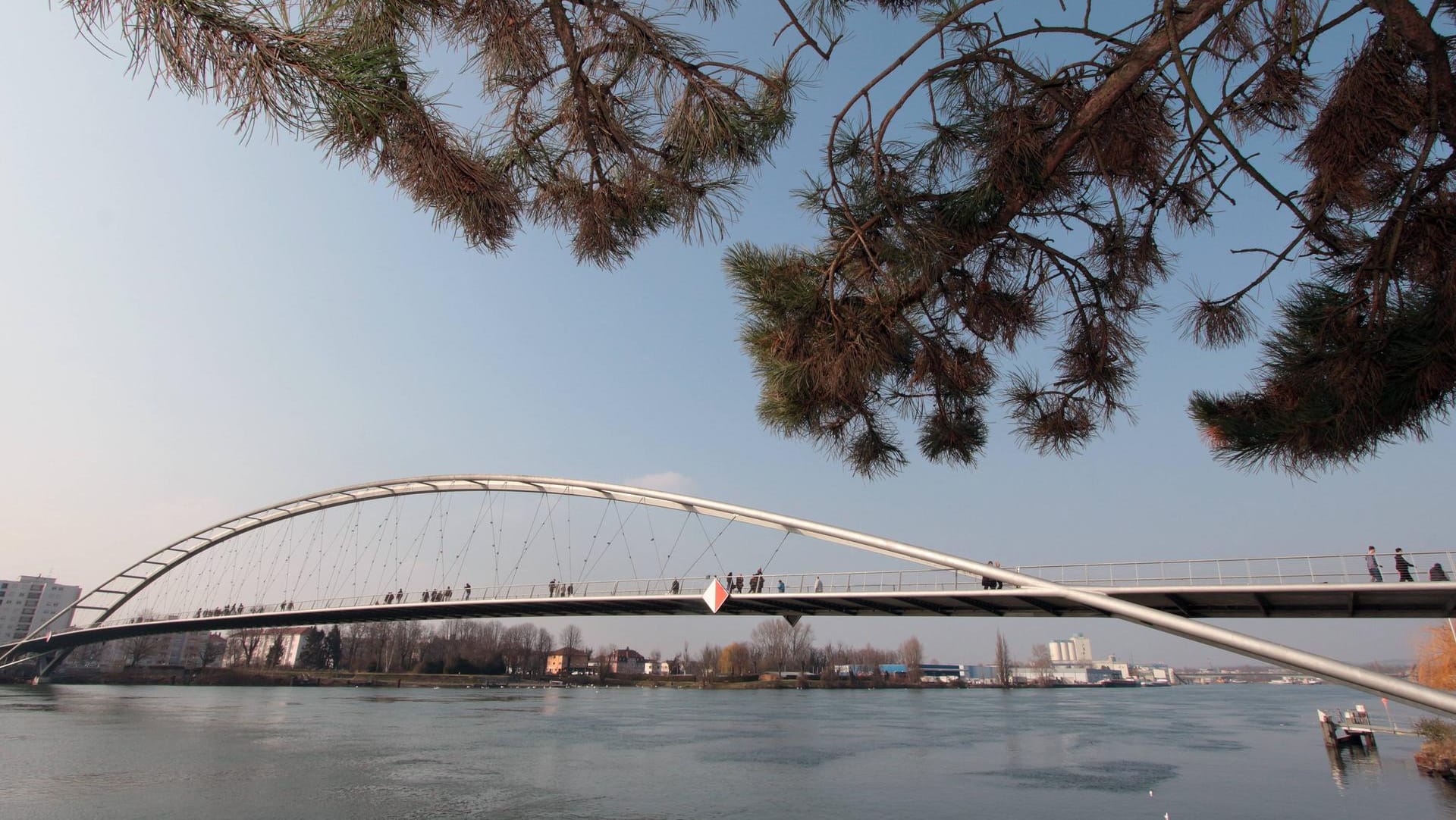 Dreiländerbrücke in Weil am Rhein: Die Polizei rät dringend vom Schwimmen im Rhein ab.