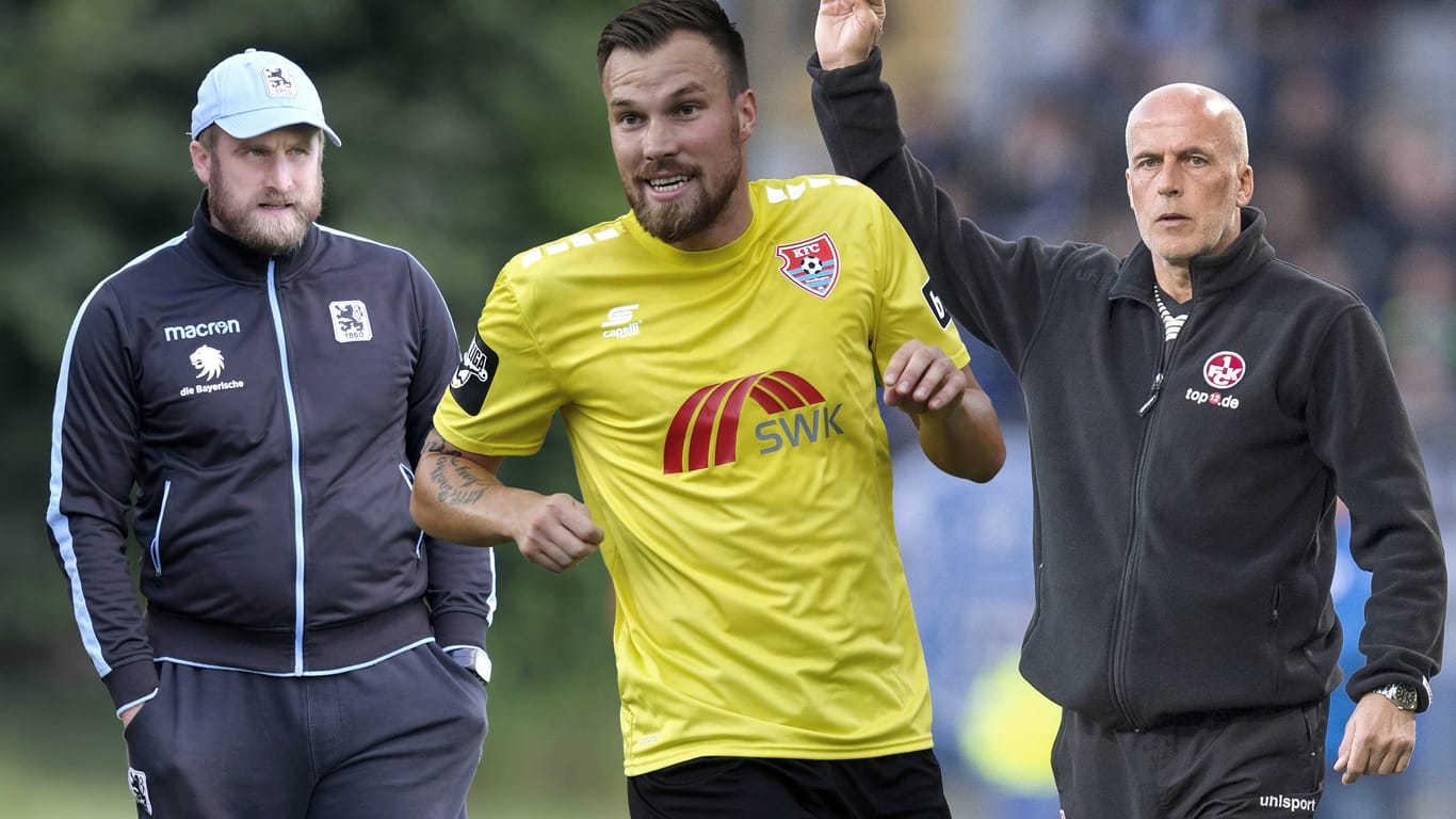 Mit großen erwartungen in die neue Saison der 3. Liga: (von links) Daniel Bierofka (1860 München), Kevin Großkreutz (KFC Uerdingen) und der Trainer Michael Frontzeck (1. FC Kaiserslautern).