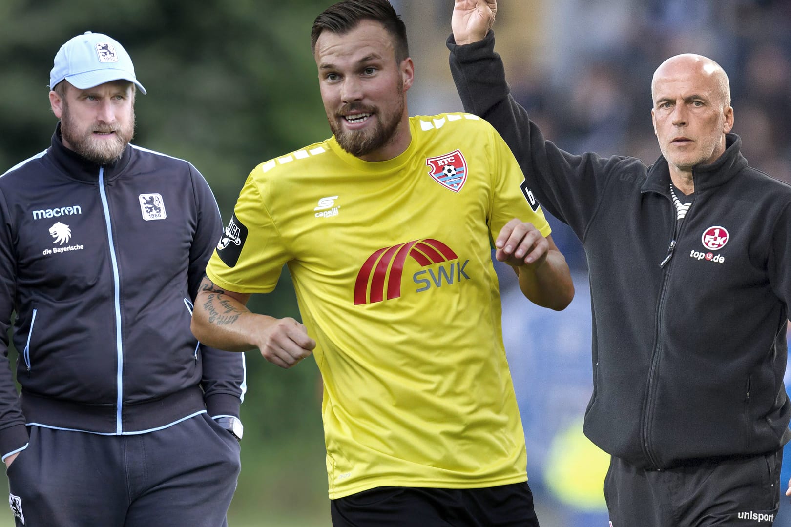 Mit großen erwartungen in die neue Saison der 3. Liga: (von links) Daniel Bierofka (1860 München), Kevin Großkreutz (KFC Uerdingen) und der Trainer Michael Frontzeck (1. FC Kaiserslautern).