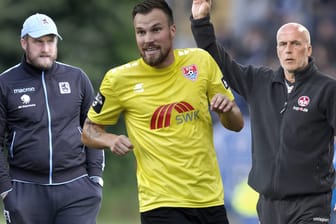 Mit großen erwartungen in die neue Saison der 3. Liga: (von links) Daniel Bierofka (1860 München), Kevin Großkreutz (KFC Uerdingen) und der Trainer Michael Frontzeck (1. FC Kaiserslautern).
