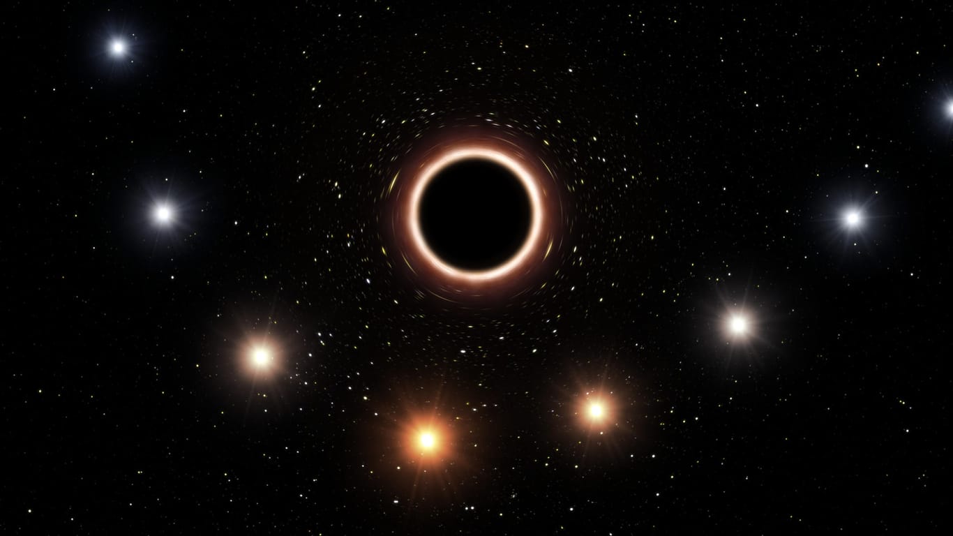Die künstlerische Darstellung zeigt den Weg des Stern S2, der nah am Schwarzen Loch in der Mitte der Milchstraße vorbeiführt.