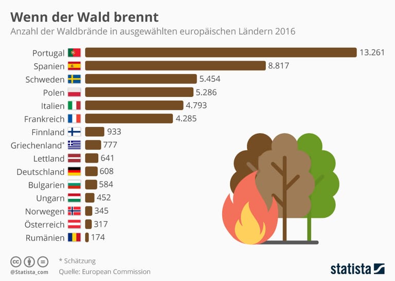 Anzahl der Waldbrände in europäischen Ländern im Jahr 2016.
