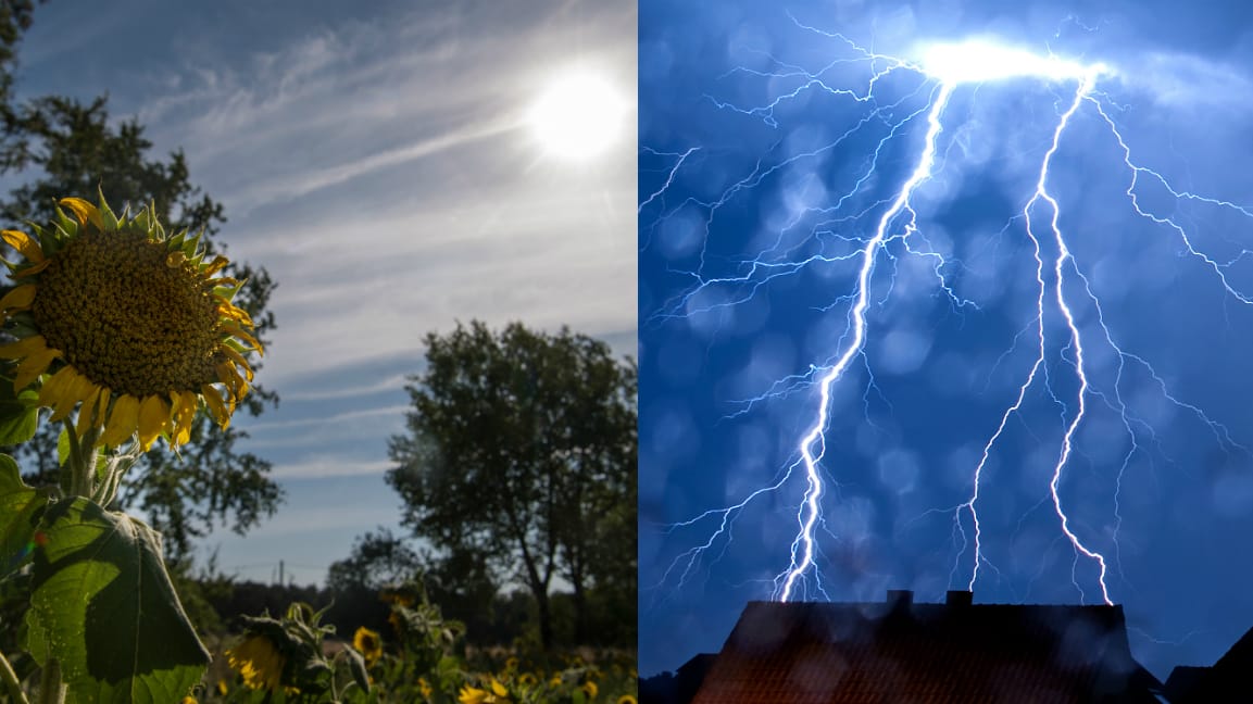 Eine Bildkombo aus sonnigem Wetter und Gewittern: Am Wochenende bringen Unwetter ein wenig Abkühlung nach Deutschland, aber schon in der nächsten Woche soll es erneut heißt und sommerlich trocken werden.