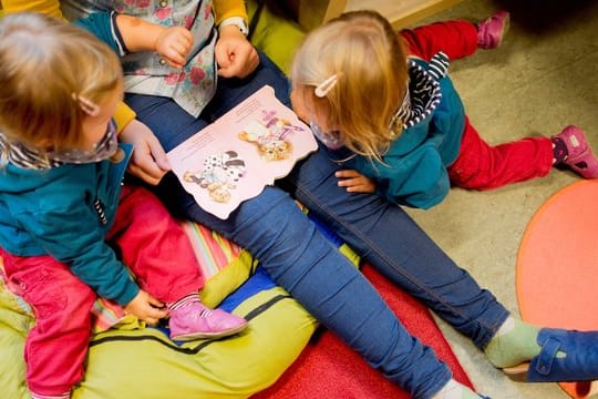 Frau liest mit zwei Kindern ein Buch