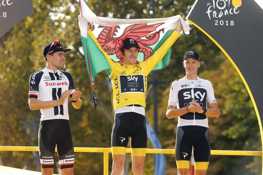 Das Podium der Tour: Sieger Geraint Thomas (Mitte), Zweiter Tom Dumoulin (links) und Chris Froome.