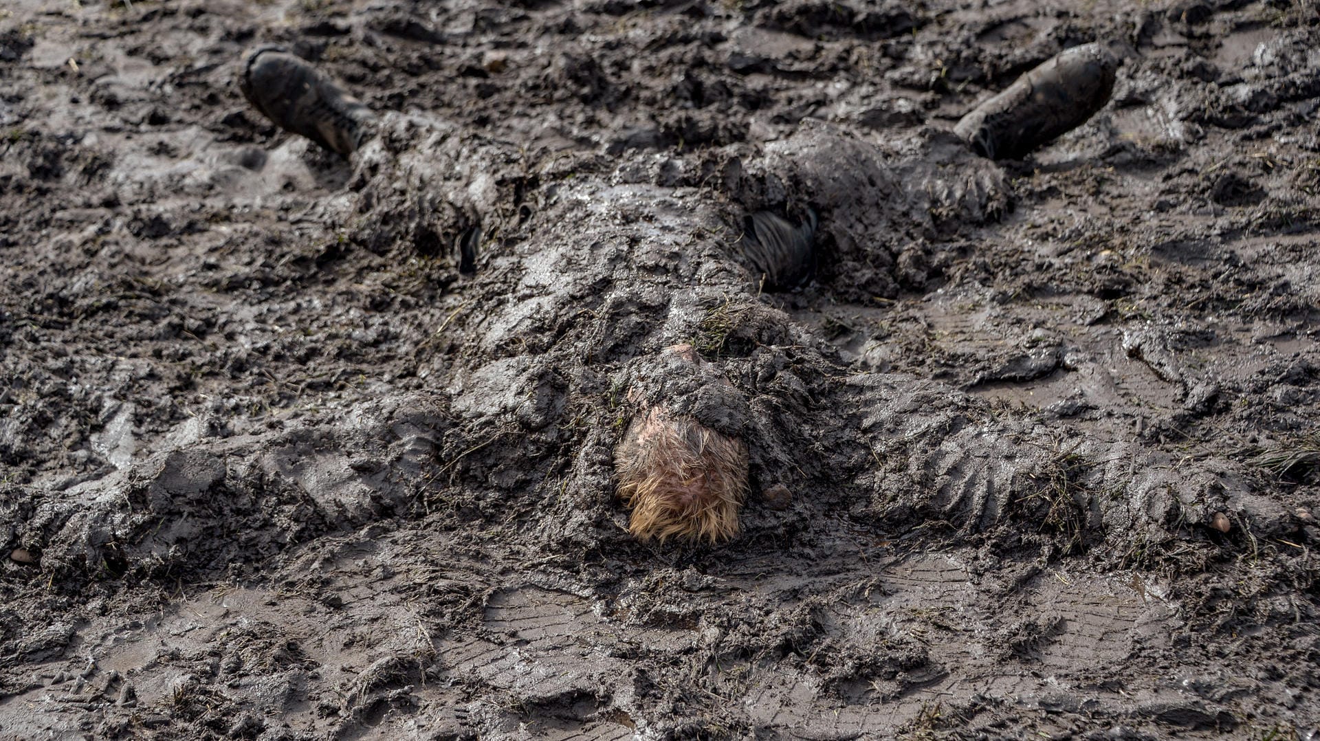 Dreckige Erfrischung: Ein Besucher des Wacken Open Air hat sich zur Abkühlung in ein Schlammloch eingraben lassen.