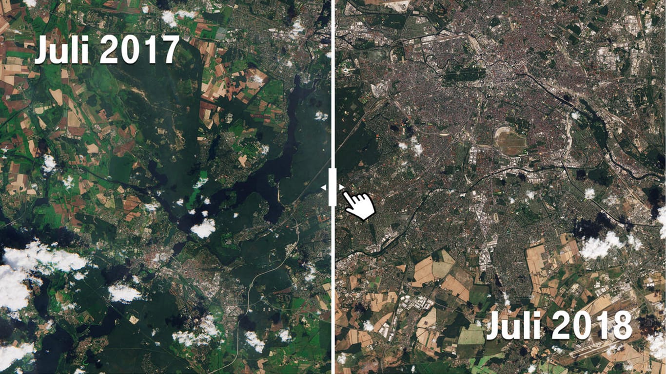 Dürre im Bild: 2017 war Berlin deutlich grüner. t-online.de hat Bilder zum Vergleich übereinander gelegt, mit dem Schieber kann bei den interaktiven Bildern im Artikel die Ansicht verändert werden.