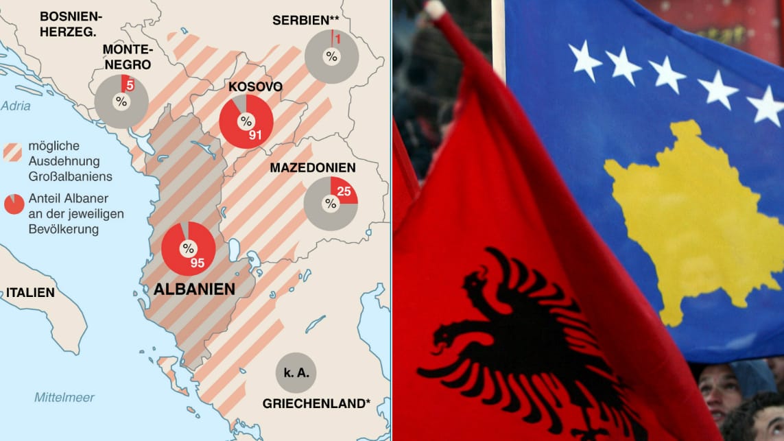 Die Bildkombination zeigt die Grenzen Großalbanien aus Sicht seiner Befürworter, sowie die Flaggen von Albanien und dem Kosovo: Großalbanien wird sowohl von der EU und den USA abgelehnt.