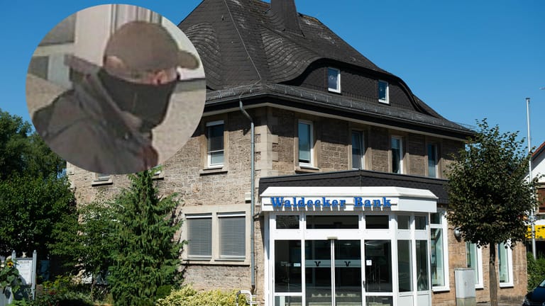 Der Tatverdächtige bei einem Überfall im sauerländischen Herscheid: Auch die Waldecker Bank (großes Bild) soll er ausgeraubt haben.