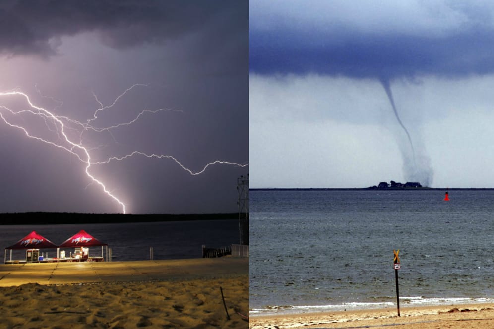 Die Bildkombination zeigt ein Gewitter und einen Tornado an der Nordsee (Föhr): Die nächsten Tage kann es trotz Unwetter wieder richtig heiß werden.