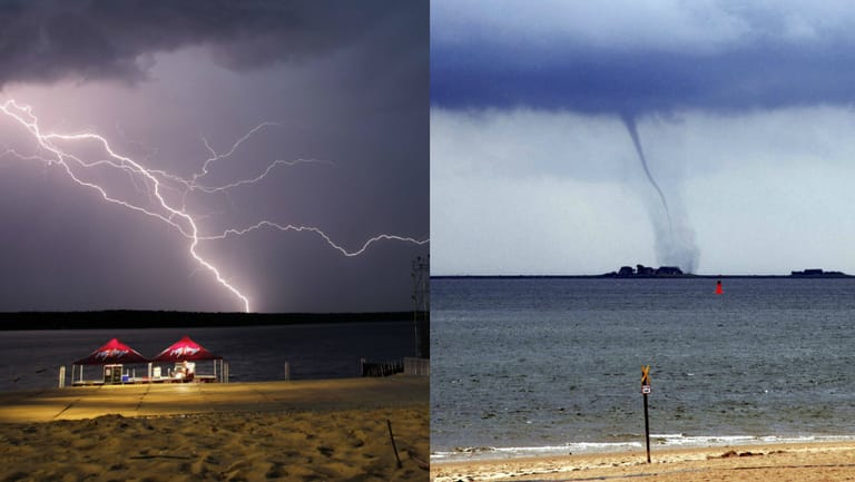 Die Bildkombination zeigt ein Gewitter und einen Tornado an der Nordsee (Föhr): Die nächsten Tage kann es trotz Unwetter wieder richtig heiß werden.