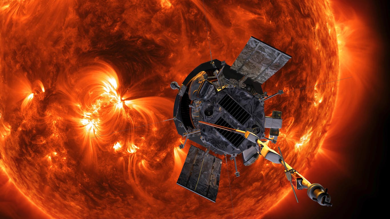 Computergrafik des aktuellen Nasa-Projekts: Das Bild zeigt die "Parker Solar Probe"-Sonde der US-Raumfahrtbehörde Nasa auf dem Weg zur Sonne.
