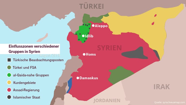 Die Karte zeigt die Einflusszonen der verschiedenen Gruppierungen im syrischen Bürgerkrieg (Stand: August 2018): Das Assad-Regime hat große Teile des Landes wieder unter Kontrolle gebracht.