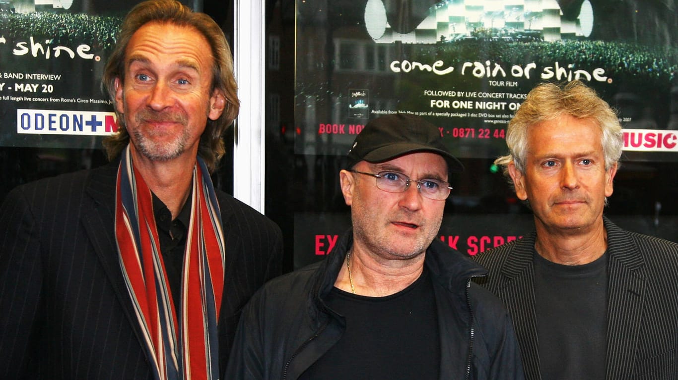 Die Band Genesis: Mike Rutherford, Phil Collins und Tony Banks.