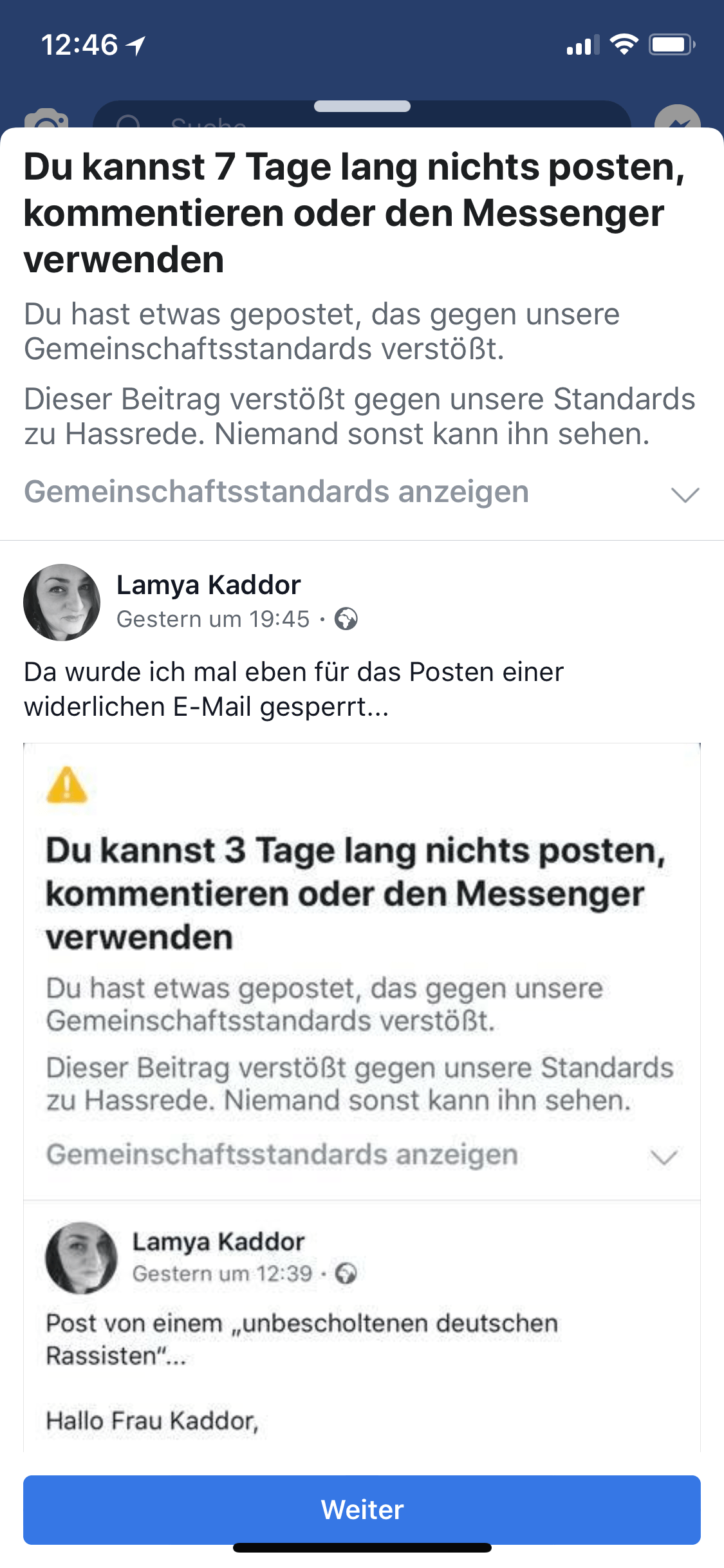 Erziehungsversuch? Sieben Tage Sperre für den Screenshot von der Nachricht zur Sperre.