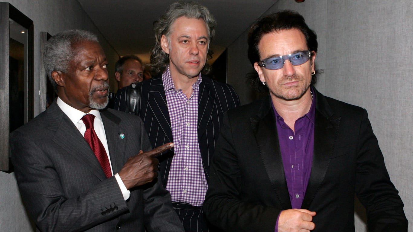 Kofi Annan, Bob Geldof und Bono beim G8-Gipfel 2005 in Schottland: Für seinen Global Fund holte er Prominente mit ins Boot.