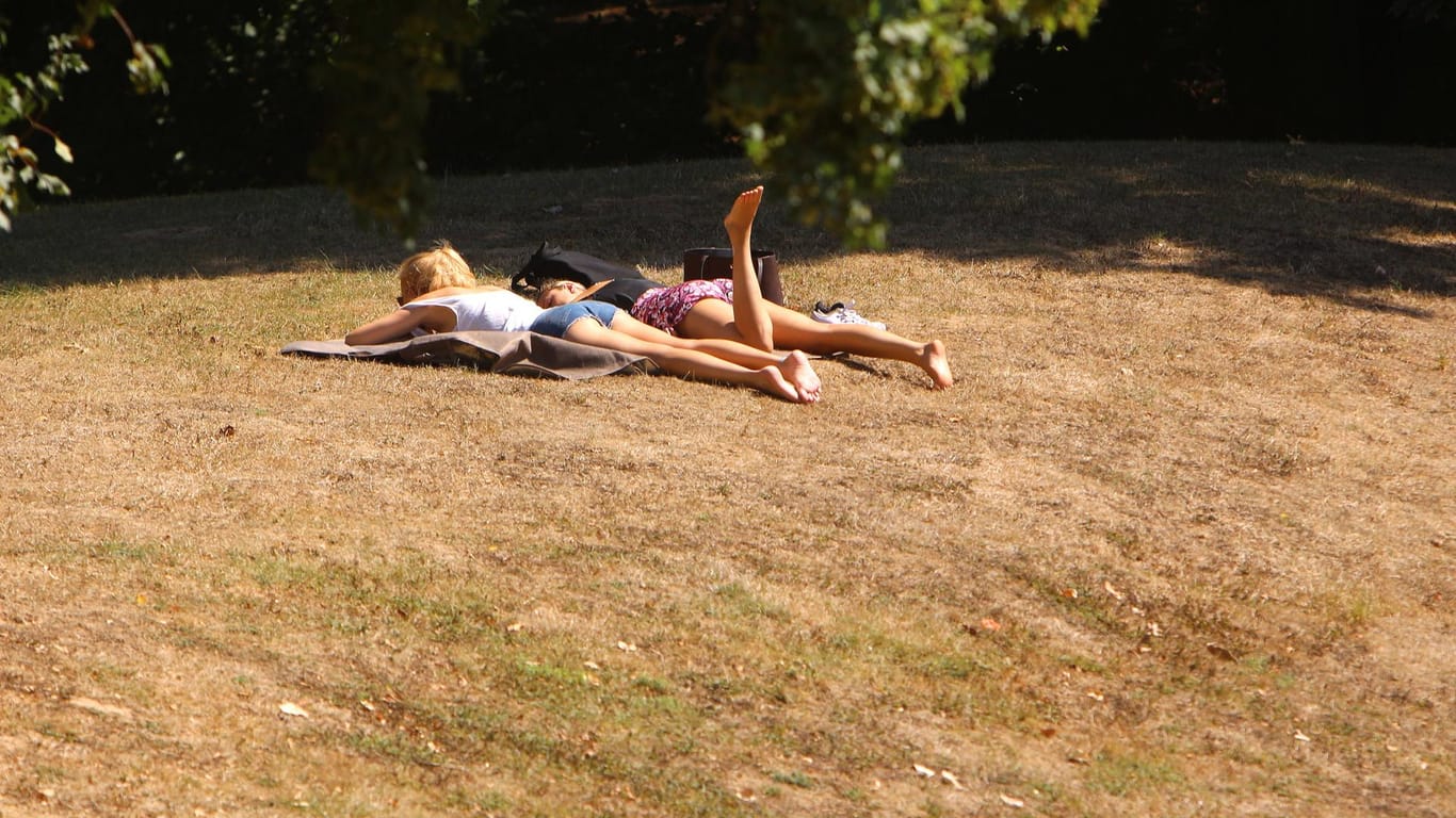 Junge Frauen liegen auf einer vertrockneten Liegewiese in der Mittagssonne (Archivbild): Von einem saftigen Grün kann auf den meisten deutschen Liegewiesen keine Rede mehr sein. Der Regen lässt weiter auf sich warten.