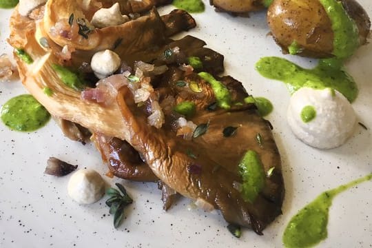Austernseitling mit Petersilien-Limettensauce, jungen Kartoffeln und Sonnenblumenkerncreme.