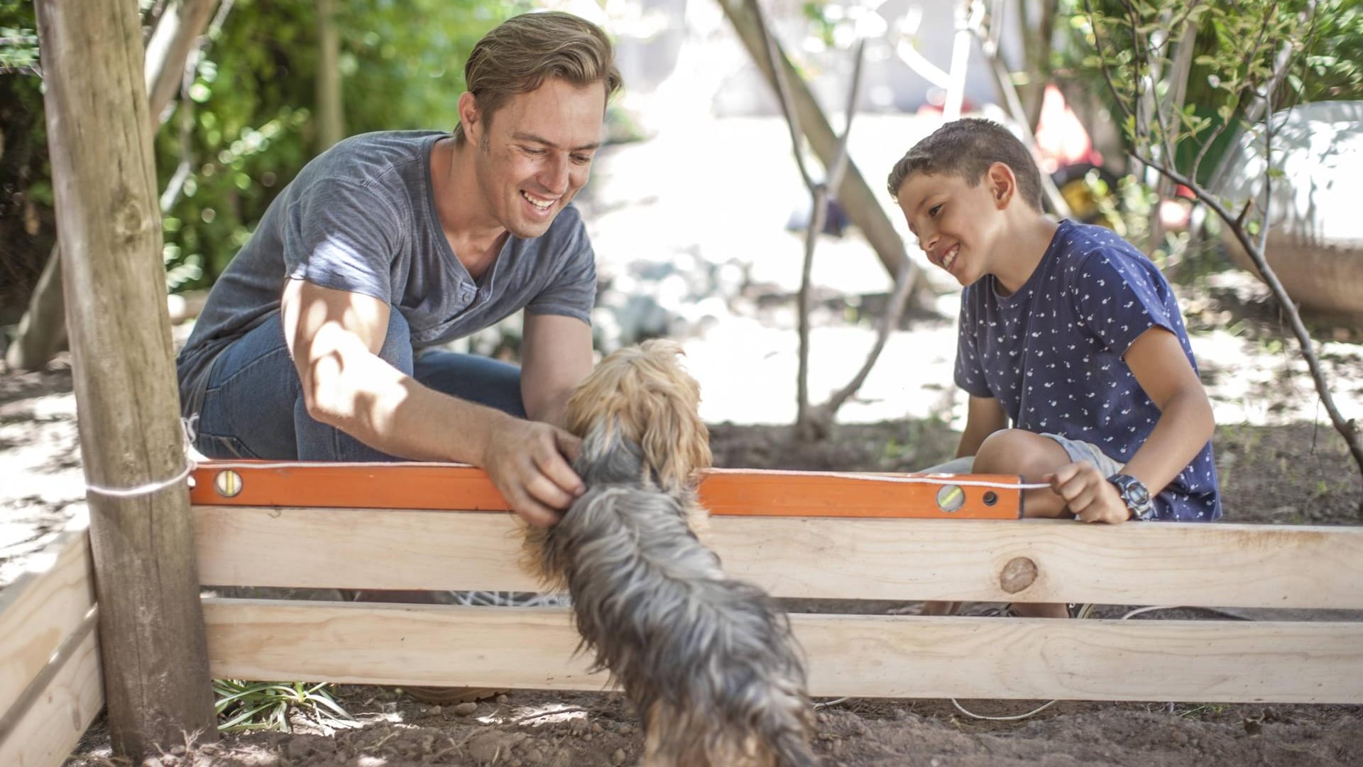 Vater und Sohn streicheln Hund