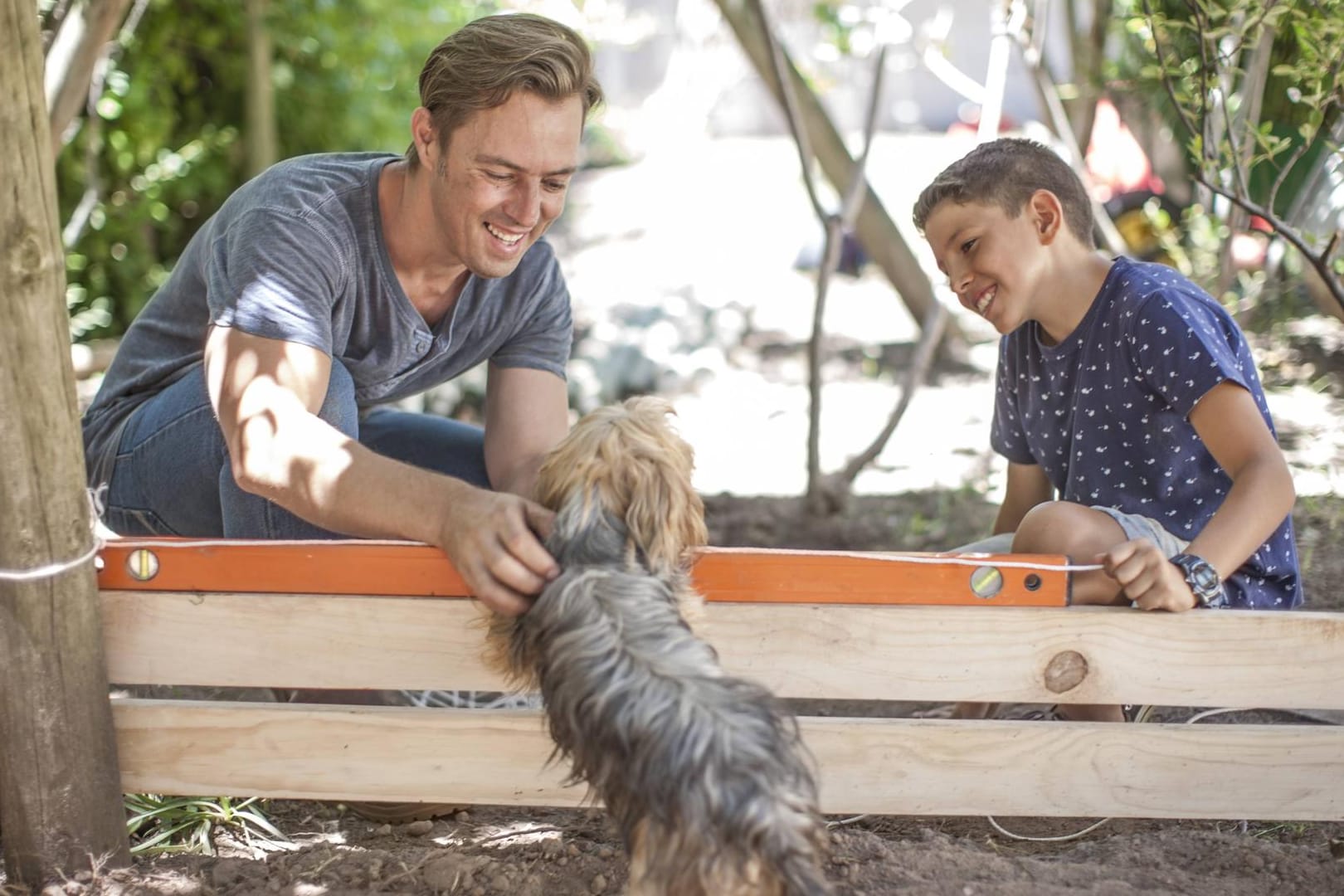 Vater und Sohn streicheln Hund