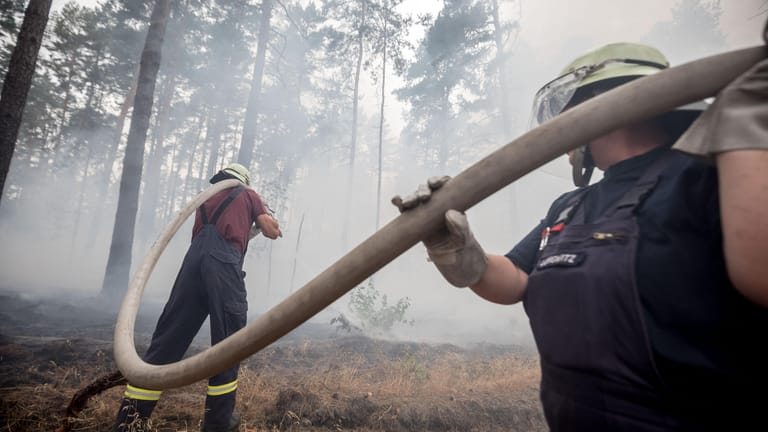 Ist das Feuer bald gelöscht? Feuerwehrmänner bekämpfen den Waldbrand bei Treuenbrietzen.