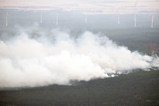 Brennende Waldfläche bei Frohnsdorf in Brandenburg.