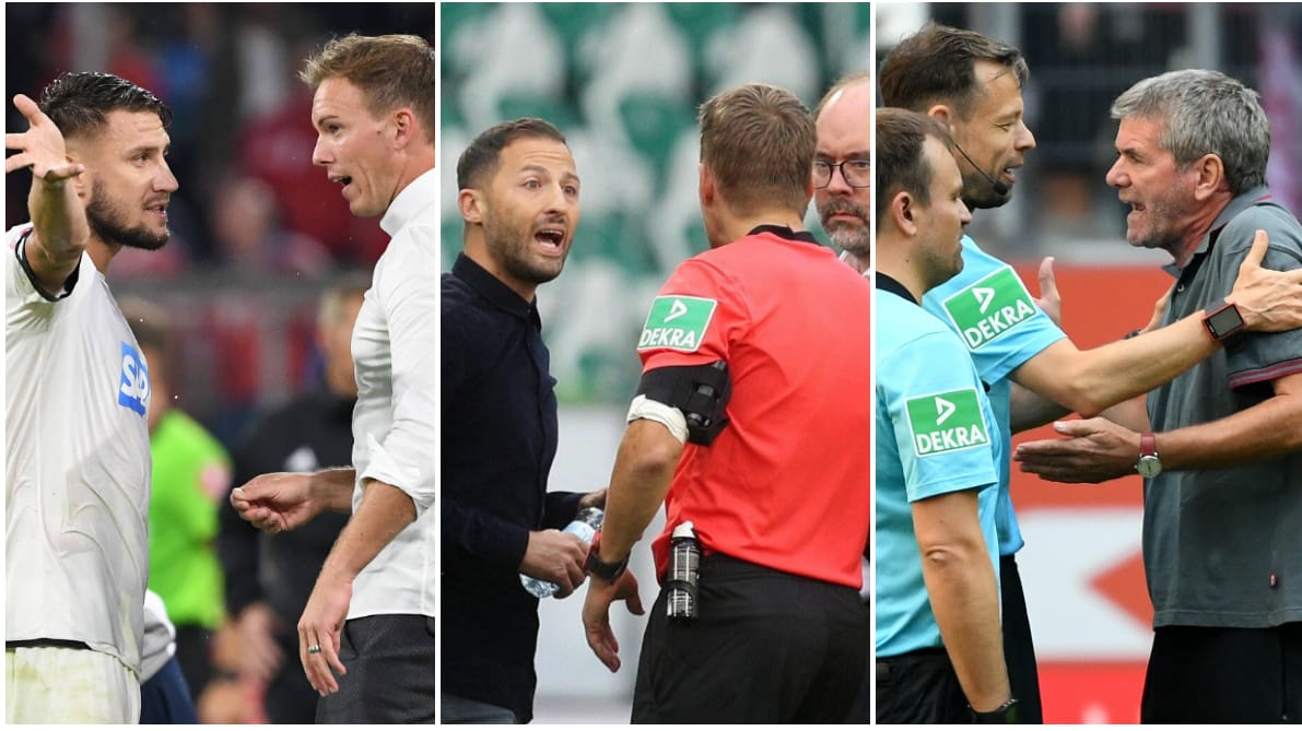 Hoffenheims Bicakcic und Trainer Nagelsmann, Schalkes Tedesco und Düsseldorfs Funkel (v. li.): Ärger um den Videobeweis.