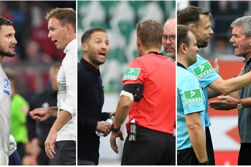 Hoffenheims Bicakcic und Trainer Nagelsmann, Schalkes Tedesco und Düsseldorfs Funkel (v. li.): Ärger um den Videobeweis.