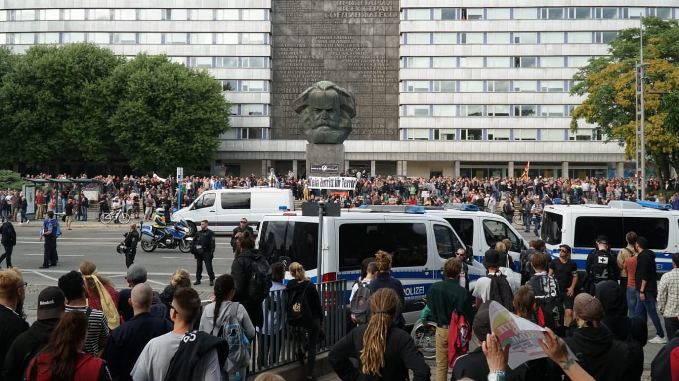 Im Hintergrund: Das Karl-Marx-Monument und rechte Demonstranten. Im Vordergrund. Die Gegendemo.