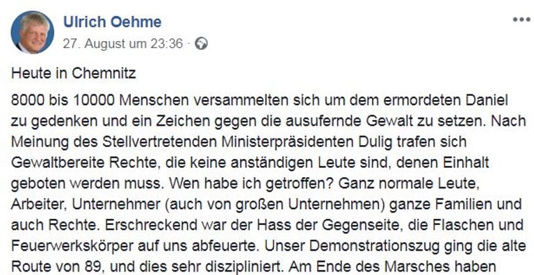 Facebook-Post eines AfD-Bundestagsabgeordneten: Ulrich Oehme nahm an der Demo mit Neonazis teil.