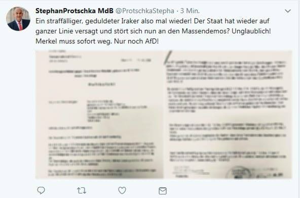 Der Tweet des AfD-Abgeordneten Stephan Protschka mit dem Haftbefehl.