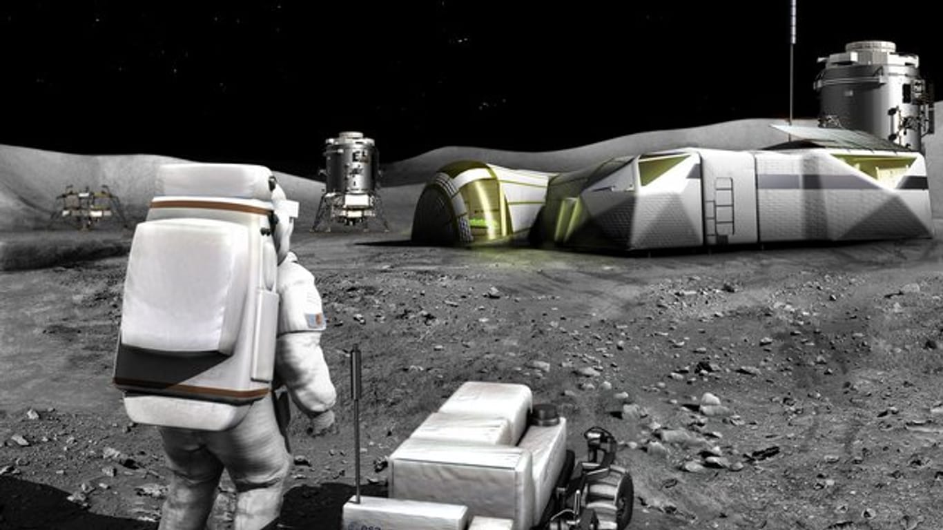 Ein am Computer generiertes Bild, zeigt eine mögliche Basisstation auf dem Mond.