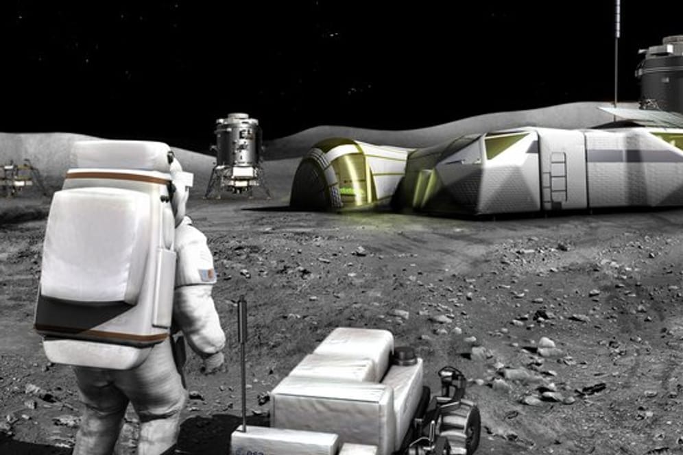 Ein am Computer generiertes Bild, zeigt eine mögliche Basisstation auf dem Mond.