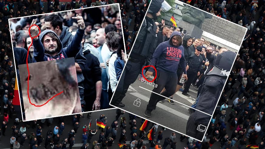 Ein Demonstrationsteilnehmer in Chemnitz: Auf seiner Hand ist ein RAF-Tattoo zu erkennen.