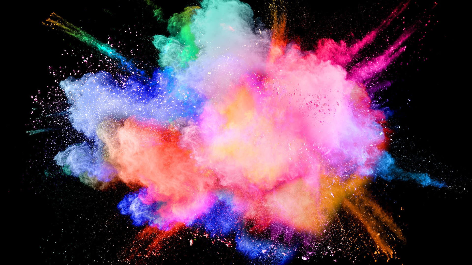 Multicolored powder splash cloud isolated on black background