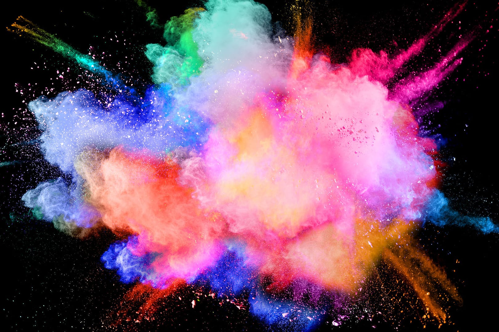 Multicolored powder splash cloud isolated on black background