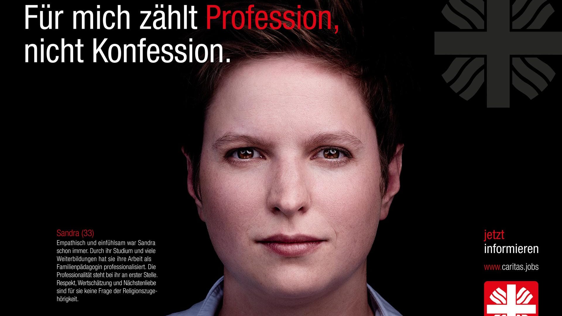 "Es geht darum, gute Arbeit zu machen. Nicht darum, was ich glaube", sagt Sandra Koschel über ihren Arbeitgeber. Deshalb hat sie ihr Gesicht für eine Kampagne der Caritas zur Verfügung gestellt.