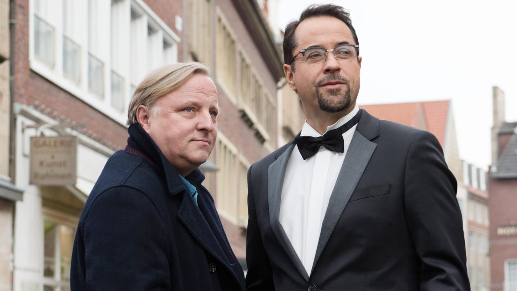 Die Schauspieler Axel Prahl (Kommissar Frank Thiel) und Jan Josef Liefers (Professor Karl-Friedrich Boerne): Gerade wird eine neue "Tatort"-Folge mit ihnen in den Hauptrollen gedreht.