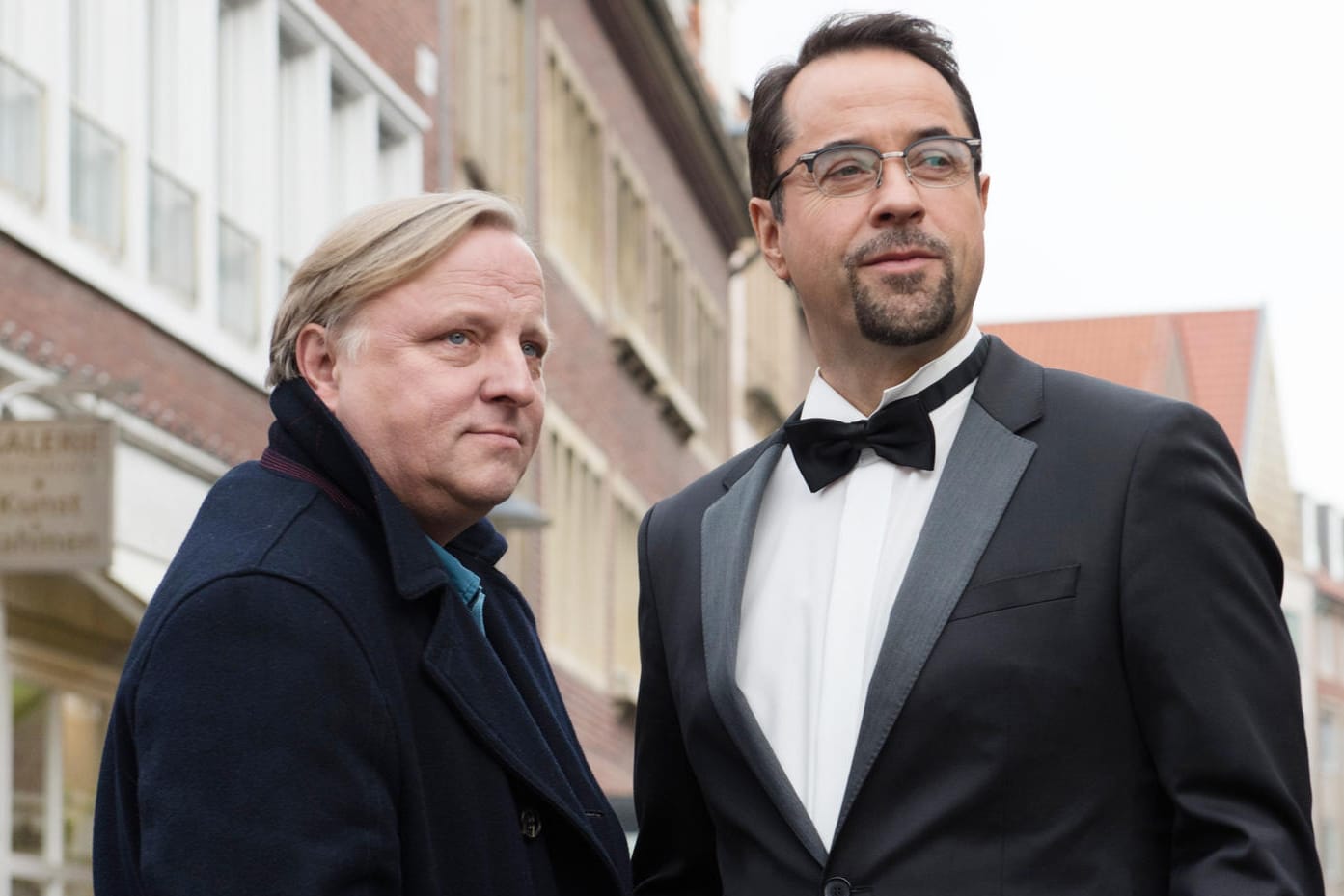 Die Schauspieler Axel Prahl (Kommissar Frank Thiel) und Jan Josef Liefers (Professor Karl-Friedrich Boerne): Gerade wird eine neue "Tatort"-Folge mit ihnen in den Hauptrollen gedreht.