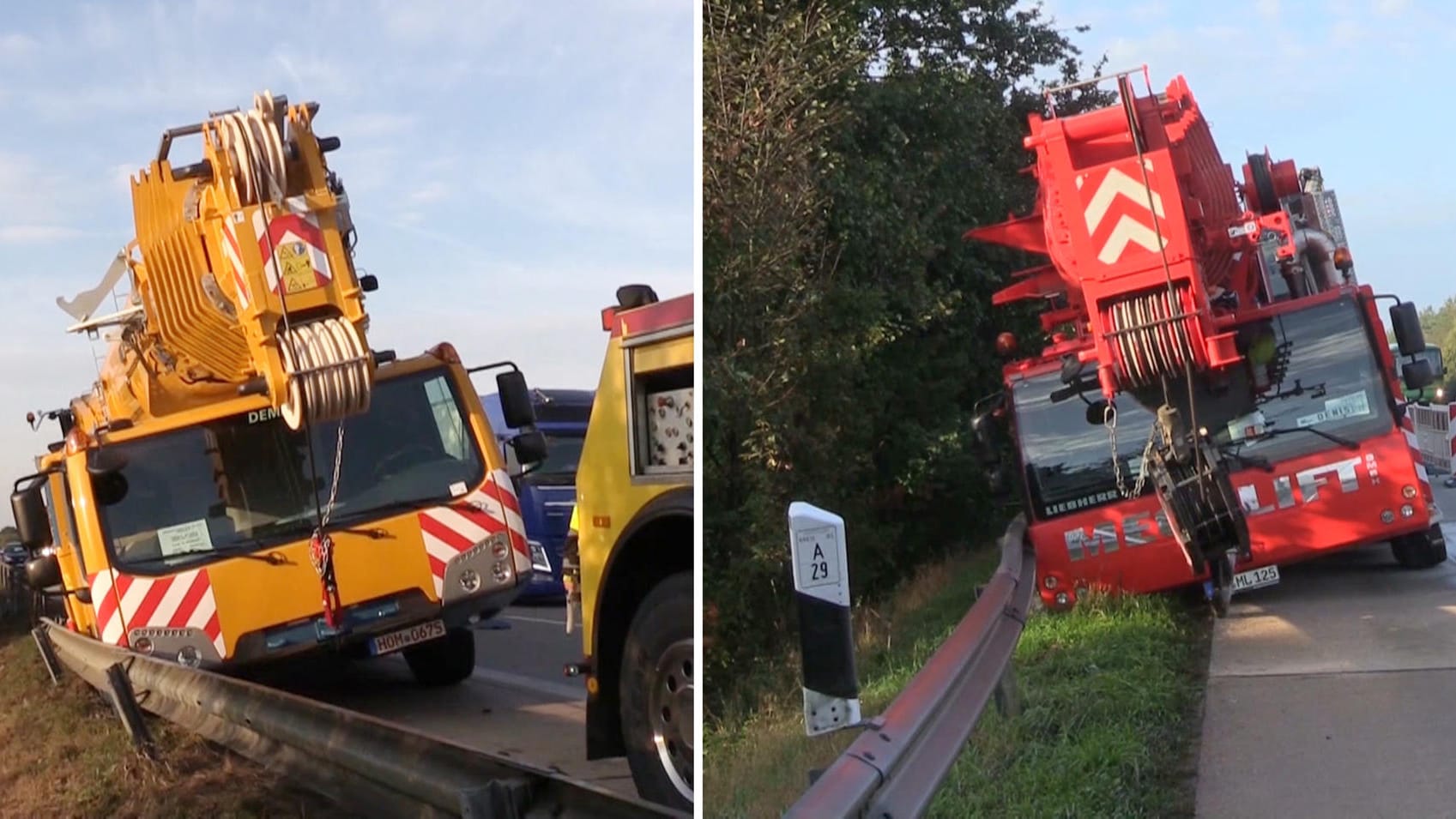 Zwei Autokran-Unfälle auf A29: Womöglich war die Fahrbahn für die großen Laster zu eng.