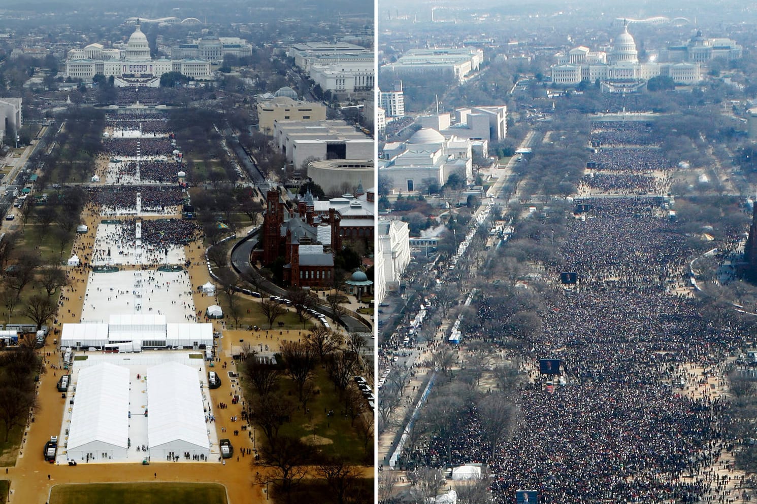 Welche Amtseinführung hatte mehr Besucher? Links ist die "National Mall" vor dem Kapitol in Washington bei Trumps Inauguration zu sehen, rechts die Menge bei Obamas erster Amtseinführung 2009.